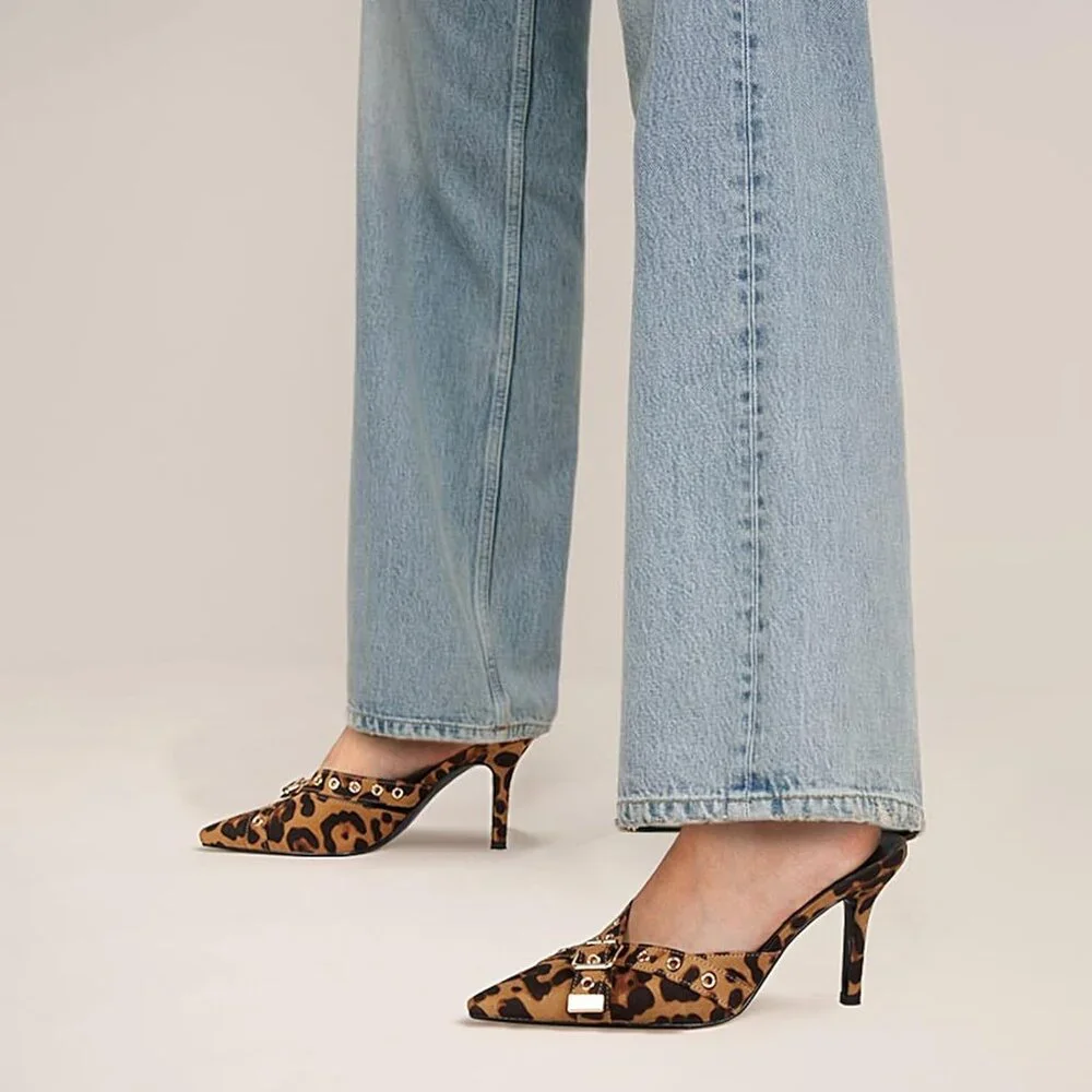 Women's Leopard Print Pointed Closed Toe Dressy Bow Heel Vintage Heeled Mules - Picture 5 of 7